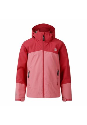 Zweifarbige rot und pink Kapuzenjacke mit Frontreißverschluss, Reißverschlusstaschen und verstellbaren Handgelenksriemen auf weißem Hintergrund dargestellt.