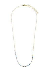 Gouden ketting met blauwe en lichtblauwe kralenaccenten, met rechthoekige en vierkante vormen, afgewerkt met een sluiting.