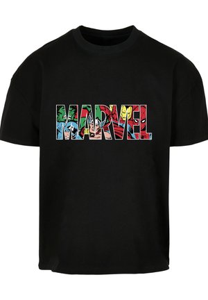Maglietta nera in cotone con un logo "MARVEL" colorato composto da personaggi dei fumetti, ben visibile in uno stile audace e in grassetto.