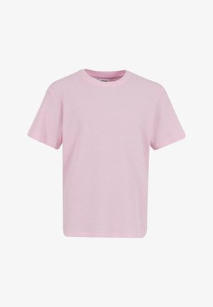Lyserød, kortærmet t-shirt lavet af struktureret stof med rund hals og lige kant. Enkel design uden mønstre eller accenter.