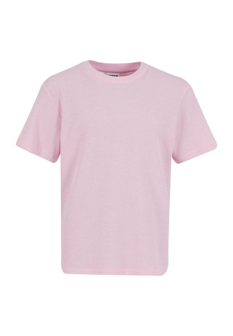 Lys rosa, kortermet t-skjorte laget av teksturert stoff med rund hals og rett kant. Enkel design, uten mønstre eller detaljer.