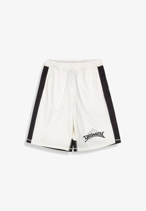 White athletic shorts with black side panels, elastic waistband, and a graphic print on the lower left featuring stylized text.