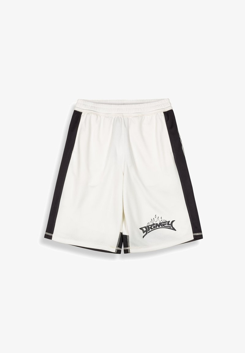 Weiße Sportshorts mit schwarzen Seitenpaneelen, elastischem Bund und einem grafischen Aufdruck auf der unteren linken Seite, der stilisierten Text zeigt.