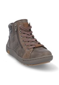 Botas de tobillo de cuero marrón con un acabado texturizado, cuello acolchado, cremallera decorativa y parte delantera con cordones. Suela de goma para tracción.