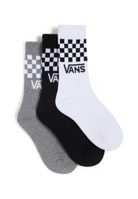 Tre paia di calzini crew in grigio, nero e bianco, con un motivo a scacchi e il logo "VANS" in nero nella parte superiore.