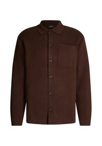 Brązowy dziany kardigan z kołnierzykiem, pełnym zapięciem na guziki z przodu i kieszenią na piersi. Posiada ribbowany teksturę i luźny krój.