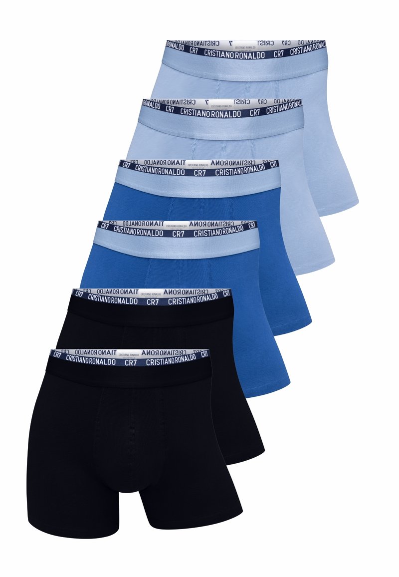 Four pairs of boxer shorts in various shades of blue and black, featuring elastic waistbands with "CR7" branding.