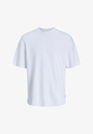 Schlichtes weißes T-Shirt mit kurzen Ärmeln und Rundhalsausschnitt, in lässiger Passform und leicht fallenden Schultern, vor weißem Hintergrund.