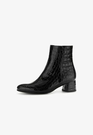 Black ankle boots with a crocodile texture, glossy finish, pointed toe, and a chunky square heel. Side zip closure detail.