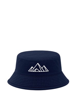 Marineblauer Bucket Hut mit einem aufgestickten weißen Berglogo vorne und einer breiten, strukturierten Krempe.