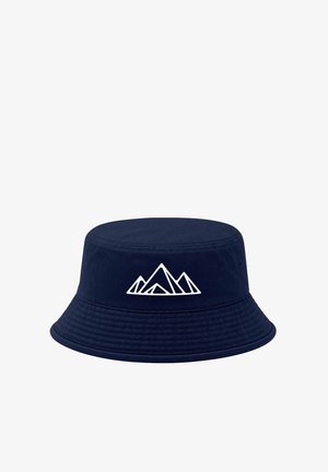 Navy blue bucket hat with a stitched white mountain logo on the front and a wide, textured brim.