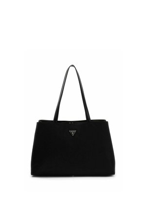 Sac fourre-tout rectangulaire noir avec de longues lanières et un petit logo triangulaire Guess centré près du haut.