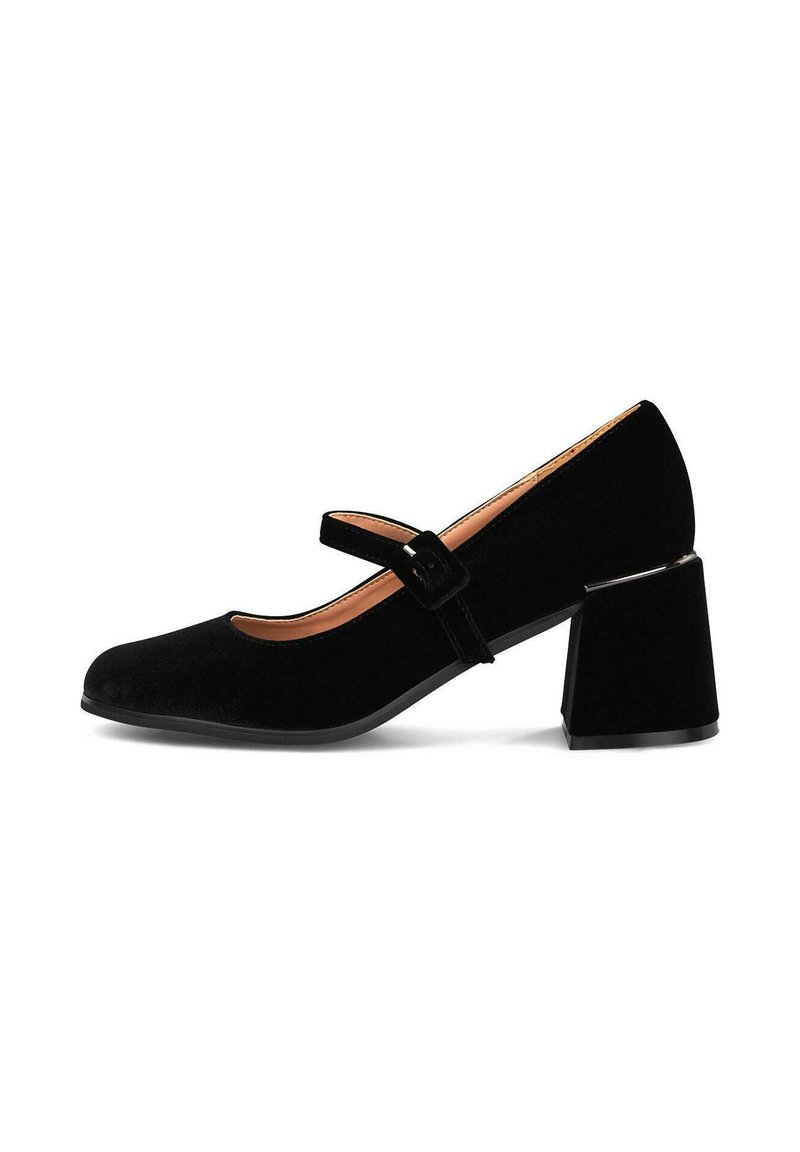 Zapato Mary Jane de ante negro con puntera redonda, correa ajustable y un tacón cuadrado grueso. Textura suave y detalles de diseño mínimos.