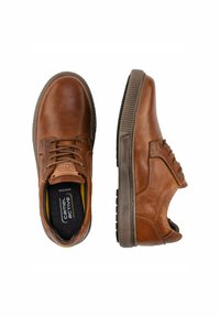 Braune Leder Schnürschuhe mit strukturiertem Finish, runder Zehenpartie, kontrastierender Gummisohle und gebrandeter Einlegesohle. Verfügt über Nähdetails.