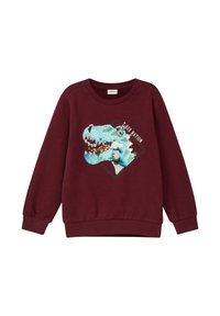 Burgundowa bluza z długimi rękawami, okrągłym dekoltem oraz turkusowym grafiką dinozaura wykonaną z cekinów z napisem "T-Rex Nation."