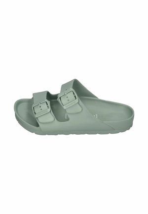 Light green slip-on sandal with two adjustable buckled straps and textured sole for casual wear.