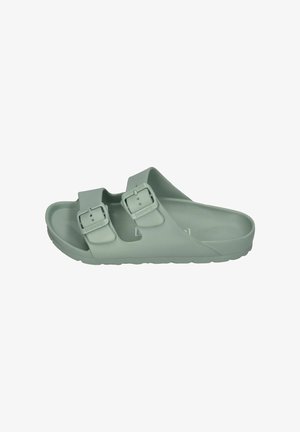 Light green slip-on sandal with two adjustable buckled straps and textured sole for casual wear.