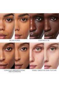 Vier Paare von Gesichtern zeigen die Vorher-Nachher-Effekte von Make-up: weichgezeichnete Poren, kontrollierter Ölglanz, abgedeckte Unreinheiten und geglättete Hautstruktur.