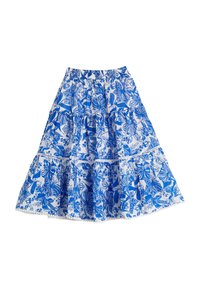 Falda floral azul y blanca con cintura elástica, diseño de volantes y encaje en el dobladillo. Fabricada en tejido ligero.