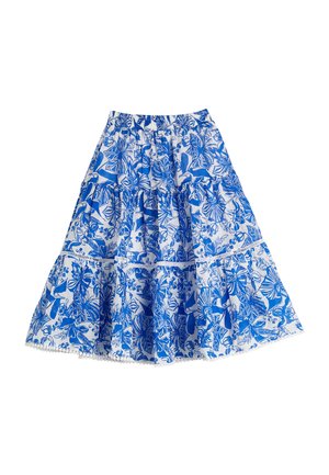 Gonna floreale blu e bianca con vita elastica, design a strati e pizzo lungo l'orlo. Realizzata in tessuto leggero.