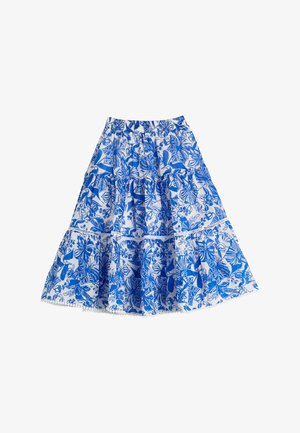 Falda floral azul y blanca con cintura elástica, diseño de volantes y encaje en el dobladillo. Fabricada en tejido ligero.
