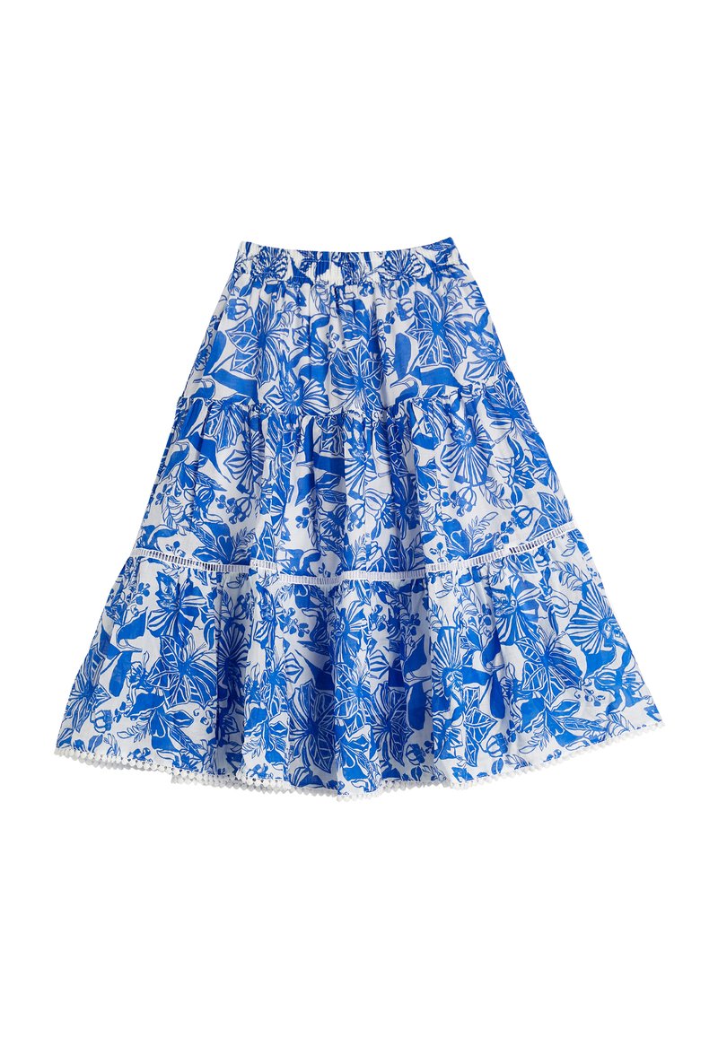 Falda floral azul y blanca con cintura elástica, diseño de volantes y encaje en el dobladillo. Fabricada en tejido ligero.