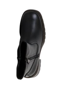 Zwarte leren enkelboot met een ronde neus, zijrits en een gestructureerde zool. Kenmerkt zich door een eenvoudig ontwerp en een gladde afwerking.