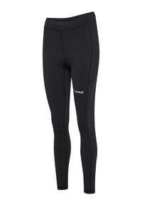 Sorte leggings lavet af elastisk stof med tætsiddende pasform, glat tekstur og kontrasterende syninger. Logoet er placeret på den nederste del af benet.