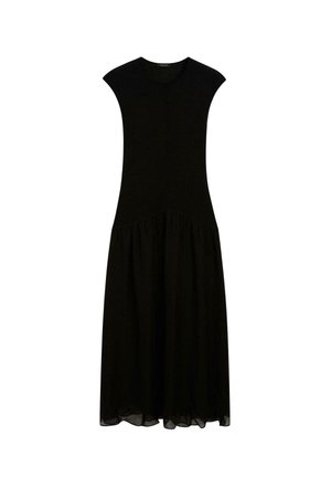 Schwarzes ärmelloses Kleid mit einem taillierten Oberteil und einem ausladenden, knielangen Rock. Hergestellt aus weichem, leichtem Stoff mit einer glatten Textur.
