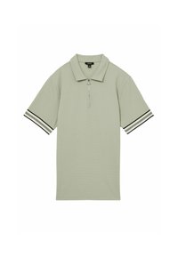 Cămașă polo verde deschis cu mâneci scurte, material texturat, fermoar frontal și accente cu dungi alb-negru pe mâneci.