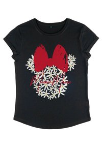 Černé bavlněné tričko s kulatým výstřihem, s motivem červené mašle a bílých sedmikrásek, a textem "Minnie Mouse" v červeném kurzívním písmu.