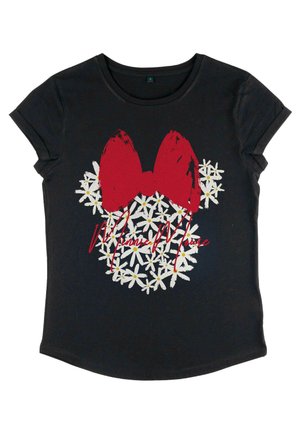 Schwarzes Baumwoll-T-Shirt mit Rundhalsausschnitt, das ein rotes Schleifendesign und weiße Gänseblümchen zeigt, sowie den Text "Minnie Mouse" in roter, geschwungener Schrift.