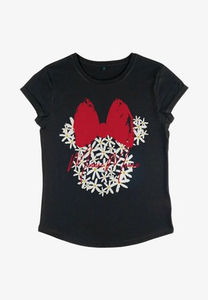 T-shirt en coton noir avec un col rond, présentant un design de nœud rouge et des marguerites blanches, ainsi que le texte "Minnie Mouse" en cursive rouge.