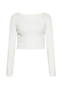 Valkoinen röyhelöinen pitkähihaisen crop-top, jossa on neliömäinen pääntie ja säädytön pinta, sisältäen hienovaraisia pystysuoria viivoja ja istuva muotoilu.