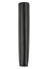 Black leather pencil case with a smooth texture and rounded top. Features stitched seams and a tall, narrow cylindrical shape.