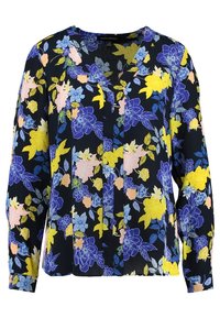 Květinová blůza v černé barvě s kombinací modrých, růžových, žlutých a bílých květin. Dlouhé rukávy, výstřih do V, lehký materiál a zapínání na knoflíky.