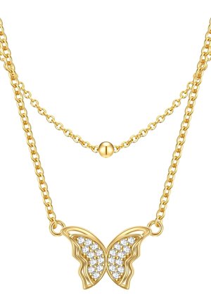 Goldene Schmetterlingskette mit doppelter Kette. Der Schmetterlingsanhänger ist mit mehreren klaren Strasssteinen verziert, die dem Design Glanz und Detail verleihen.