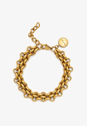 Pulsera de cadena de oro con eslabones ovalados, un cierre de langosta y una cadena de extensión con una etiqueta circular, que muestra un acabado pulido.