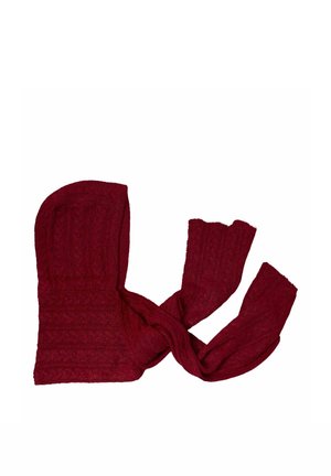 Cagoule tricotée bordeaux avec motif torsadé et sections allongées pour le cou et les épaules.
