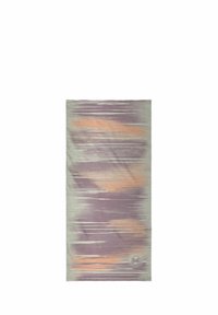 Scaldacollo multicolore realizzato in tessuto morbido, con un motivo sfumato di strisce color lavanda e pesca su uno sfondo grigio chiaro.