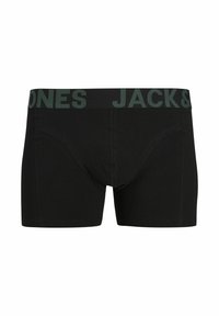 Boxer negro hecho de tejido suave, con una cinturilla elástica verde que lleva el texto del logo "JACK & JONES". El diseño incluye una bolsa frontal y detalles de costura.