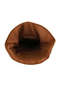 Saco de tela marrón con una abertura amplia. El interior tiene una textura suave y un único compartimento. No hay hardware ni patrones visibles.