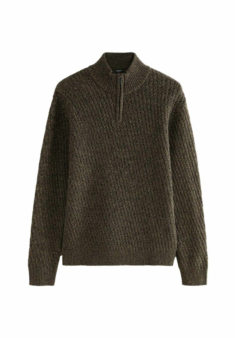 Bruine gebreide sweater met een hoge kraag en een kwart rits, met een gearceerd patroon en geribde manchetten. Zacht, warm materiaal.