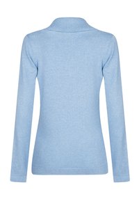 Maglione azzurro chiaro a maniche lunghe con collo a costine. Tessuto liscio, design aderente e linee pulite, adatto per essere indossato a strati.