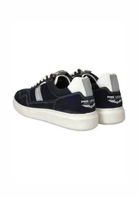 Navy suede sneakers with white rubber soles and heel accents. Features logo detail on the heel and light grey stitching.