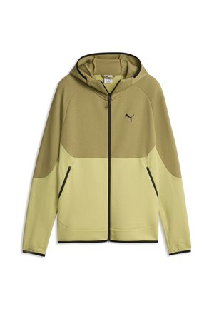Jakke med hætte og fuld lynlås i to grønne nuancer med sort lynlås og Puma-logo på venstre bryst, lange ærmer og lynlåslommer foran.