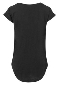 Black short-sleeve T-shirt featuring a rounded neckline and a curved hemline. The fabric appears soft with a smooth texture.
