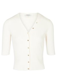 Cárdigan blanco acanalado con escote en V, mangas cortas y botones en tono dorado en la parte delantera. Textura suave, diseño ajustado.