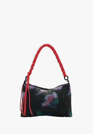 Black handbag with wavy texture, multicolor floral pattern, and braided red handle with tassel accents.