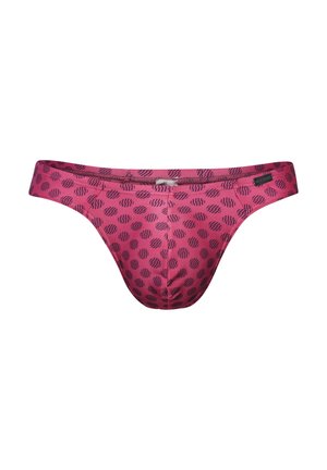 Herren-Pink-Unterhosen mit schwarzen, diagonal gestreiften Punkten und einem kleinen schwarzen Markenschild am Bund.